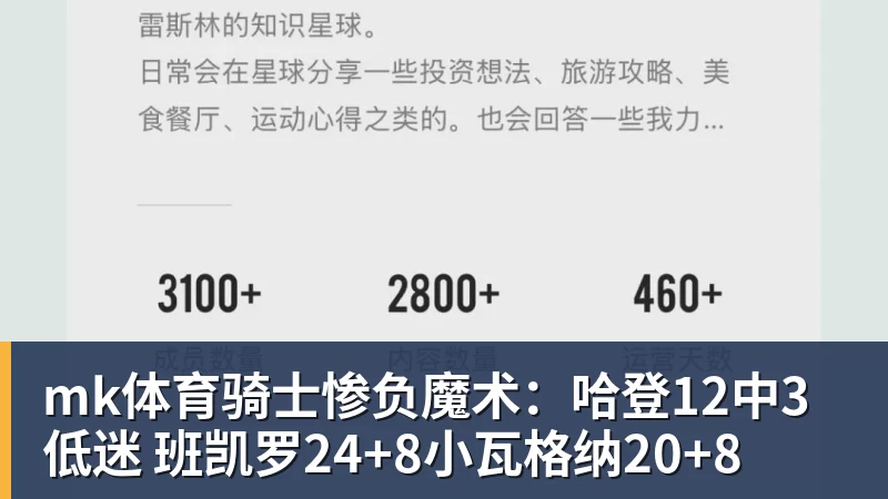 mk体育骑士惨负魔术:哈登12中3低迷 班凯罗24+8小瓦格纳20+8